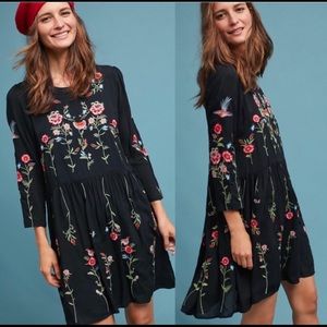 Anthropologie Black Floral Embroidered Boho Dress